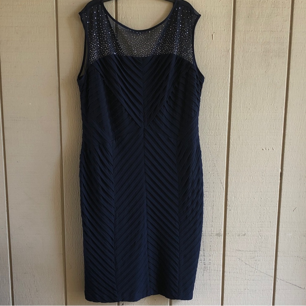 Calvin Klein Navy Sleeveless Midi Sheath Dress with Mesh Yoke